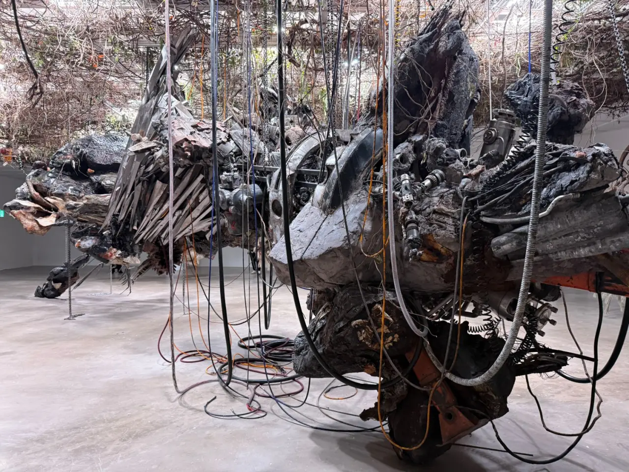 Adrián Villar Rojas' installation The Language of the Enemy at Art Sonje Center: scorched metal, cables and roots hanging in a gallery